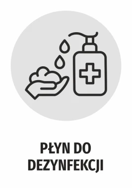 Naklejka Płyn do dezynfekcji N480 - Wzór graficzny. Ikona przedstawia rękę z kroplami i butelką z symbolem krzyża
