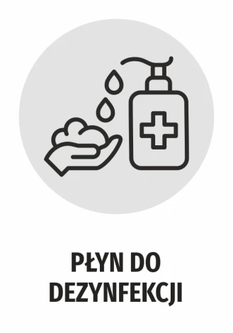 Naklejka Płyn do dezynfekcji N480 - Wzór graficzny. Ikona przedstawia rękę z kroplami i butelką z symbolem krzyża
