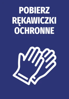 Naklejka Pobierz rękawiczki ochronne - Wzór graficzny. Dwie białe rękawiczki na niebieskim tle. Tekst w dużej białej