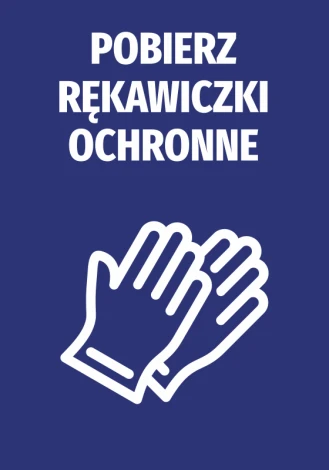 Naklejka Pobierz rękawiczki ochronne - Wzór graficzny. Dwie białe rękawiczki na niebieskim tle. Tekst w dużej białej