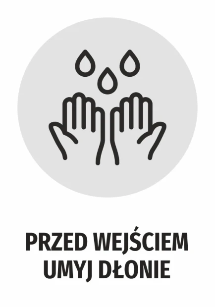 Naklejka Przed wejściem umyj dłonie N483 - Wzór graficzny. Dwie dłonie pod kroplami wody na szarym tle