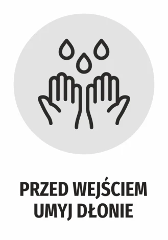 Naklejka Przed wejściem umyj dłonie N483 - Wzór graficzny. Dwie dłonie pod kroplami wody na szarym tle