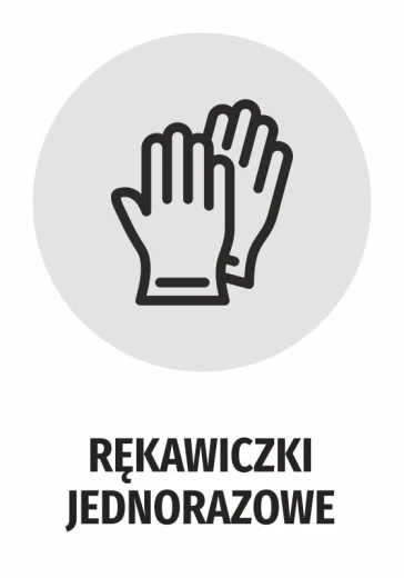 Naklejka BHP z czarnym piktogramem dłoni w rękawiczkach i napisem RĘKAWICZKI JEDNORAZOWE na białym tle
