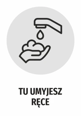 Naklejka Tu umyjesz ręce N482 - Wzór graficzny. Ikona przedstawia rękę trzymającą mydło pod kranem z kroplą wody