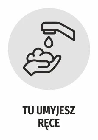 Naklejka Tu umyjesz ręce N482 - Wzór graficzny. Ikona przedstawia rękę trzymającą mydło pod kranem z kroplą wody