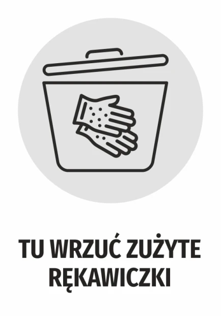 Okrągła naklejka BHP z szarym piktogramem kosza i rękawiczek oraz czarnym napisem Tu wrzuć zużyte rękawiczki