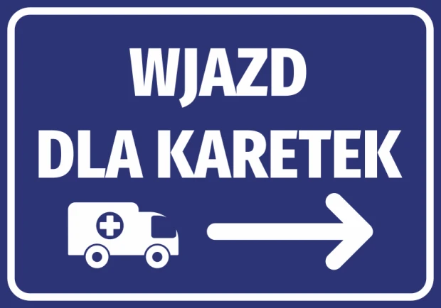 Niebieska naklejka informacyjna z białym napisem Wjazd dla karetek, piktogramem ambulansu i strzałką w prawo