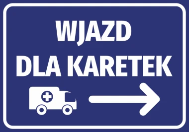 Naklejka Wjazd dla karetek N461 - Wzór graficzny. Na niebieskim tle biała grafika z napisem i ikoną karetki oraz strzałką