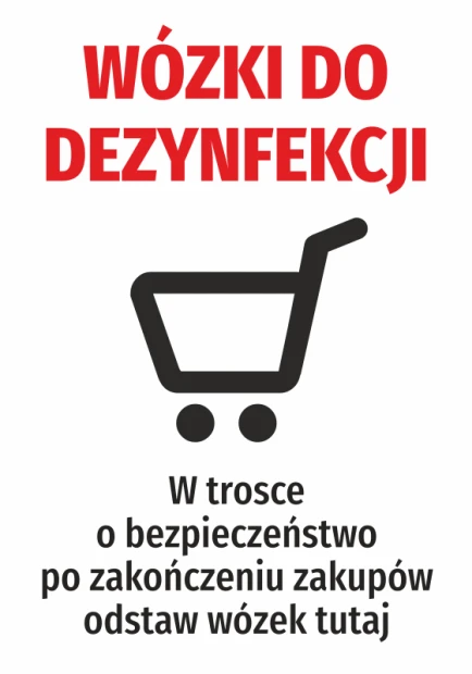 Naklejka BHP na białym tle z czerwonym napisem Wózki do dezynfekcji, czarnym piktogramem wózka i instrukcją powrotu