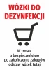 Naklejka Wózki do dezynfekcji - Wzór graficzny. Czerwony napis na górze, czarny wózek na dole, tekst informacyjny