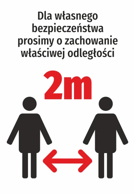 Naklejka zachowaj odstęp 2m N478 - Wzór graficzny. Dwie postacie ludzkie z odstępem 2m między nimi, tekst w górnej części