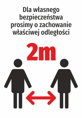 Naklejka zachowaj odstęp 2m N478 - Wzór graficzny. Dwie postacie ludzkie z odstępem 2m między nimi, tekst w górnej części