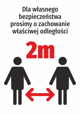 Naklejka zachowaj odstęp 2m N478 - Wzór graficzny. Dwie postacie ludzkie z odstępem 2m między nimi, tekst w górnej części