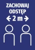 Naklejka Zachowaj odstęp N494 - Wzór graficzny. Dwie sylwetki ludzi z oznaczeniem odległości 2 m i strzałkami. Tło w kolorze
