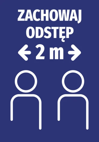Naklejka Zachowaj odstęp N494 - Wzór graficzny. Dwie sylwetki ludzi z oznaczeniem odległości 2 m i strzałkami. Tło w kolorze