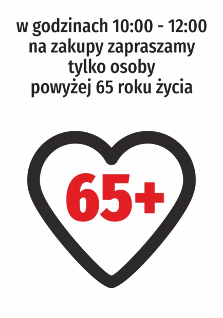 Naklejka Zakupy dla osób powyżej 65 roku życia - Wzór graficzny. Serce z dużym napisem 65+ w czerwonym kolorze na białym tle
