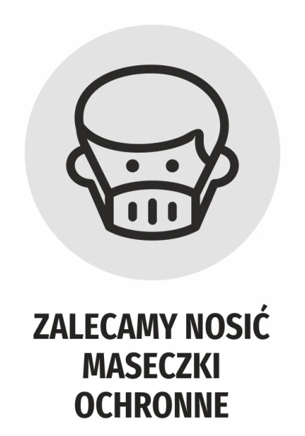 Naklejka BHP z szarym piktogramem twarzy w maseczce i czarnym napisem Zalecamy nosić maseczki ochronne