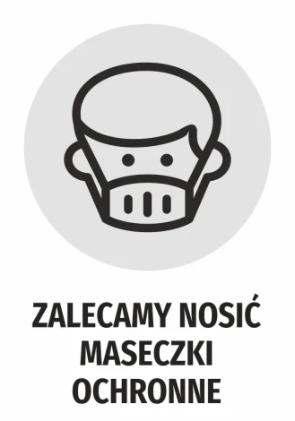 Naklejka Zalecamy nosić maseczki ochronne - Wzór graficzny. Grafika przedstawia ikonę twarzy z maseczką ochronną