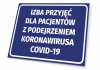 Tabliczka Izba przyjęć dla pacjentów z podejrzeniem koronawirusa COVID-19 - Wzór graficzny. Prostokątna tabliczka z białym