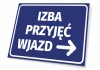 Tabliczka Izba przyjęć wjazd T464 - Wzór graficzny. Niebieskie tło z białym tekstem i strzałką w prawo