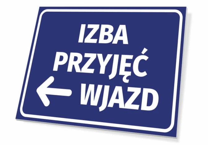 Tabliczka Izba przyjęć wjazd T465 - Wzór graficzny. Niebieskie tło z białym napisem i strzałką w lewo