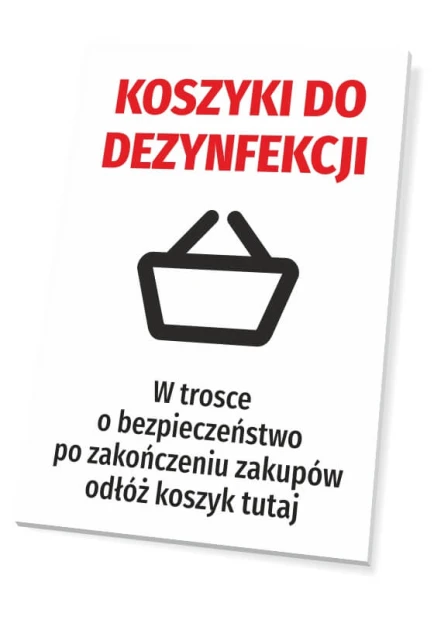 Tabliczka BHP z napisem Koszyki do dezynfekcji i piktogramem koszyka na białym tle, do oznaczenia strefy w sklepie