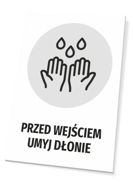 Tabliczka Przed wejściem umyj dłonie T483 - Wzór graficzny. Dwie dłonie pod wodą z kroplami wody nad nimi