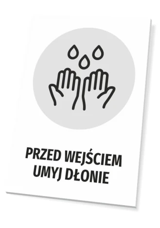 Tabliczka Przed wejściem umyj dłonie T483 - Wzór graficzny. Dwie dłonie pod wodą z kroplami wody nad nimi