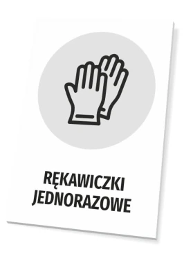 Tabliczka Rękawiczki jednorazowe - Wzór graficzny. Grafika przedstawia rękawiczki na szarym tle w okręgu