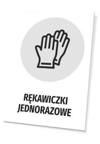 Tabliczka Rękawiczki jednorazowe - Wzór graficzny. Grafika przedstawia rękawiczki na szarym tle w okręgu