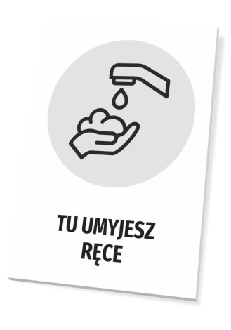 Tabliczka Tu umyjesz ręce T482 - Wzór graficzny. Grafika przedstawia rękę z kroplą mydła i strumieniem wody