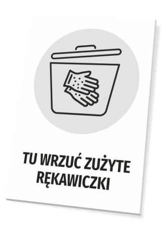 Tabliczka Tu wrzuć zużyte rękawiczki - Wzór graficzny. Grafika przedstawia pojemnik z pokrywką oraz rękawiczki