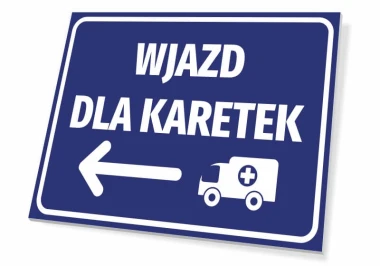 Tabliczka Wjazd dla karetek T460 - Wzór graficzny. Niebieskie tło z białym napisem i symbolem karetki