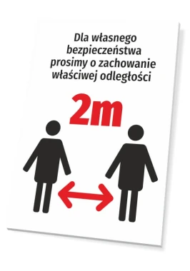 Tabliczka T478 Zachowaj odstęp 2m - Wzór graficzny. Dwie sylwetki ludzi z odstępem 2m, tekst w czerni na białym tle