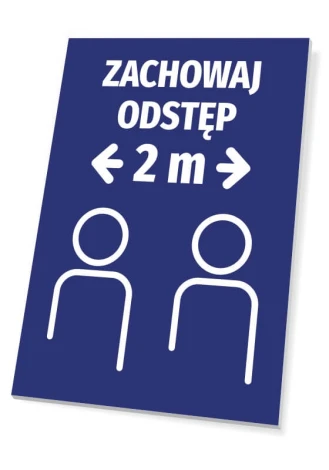 Tabliczka T494 Zachowaj odstęp - Wzór graficzny. Niebieskie tło z białym tekstem i ikonami dwóch postaci