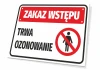 Tabliczka Zakaz wstępu Trwa ozonowanie - Wzór graficzny. Prosty prostokąt z czerwonym tłem, białym napisem i symbolem
