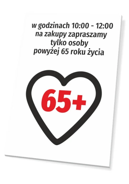 Tabliczka Zakupy dla osób powyżej 65 roku życia - Wzór graficzny. Serce z numerem 65+ w środku, tekst w górnej części