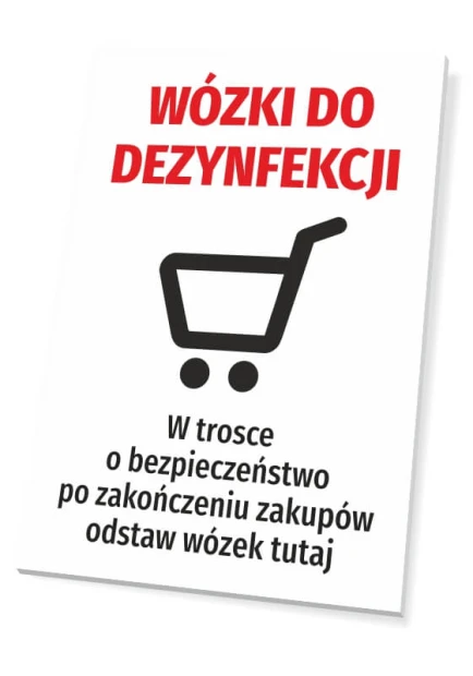 Tabliczka BHP z napisem Wózki do dezynfekcji i piktogramem koszyka na zakupy, wizualizacja na białym tle