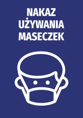 Naklejka Nakaz używania maseczek - Wzór graficzny. Grafika przedstawia postać z maseczką na twarzy na ciemnoniebieskim tle