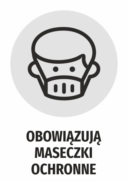 Szara naklejka BHP na drzwi z czarnym piktogramem twarzy w masce i napisem Obowiązują maseczki ochronne