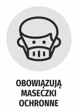 Naklejka Obowiązują maseczki ochronne - Wzór graficzny. Ikona przedstawia osobę w maseczce ochronnej na szarym tle