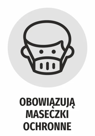 Naklejka Obowiązują maseczki ochronne - Wzór graficzny. Ikona przedstawia osobę w maseczce ochronnej na szarym tle