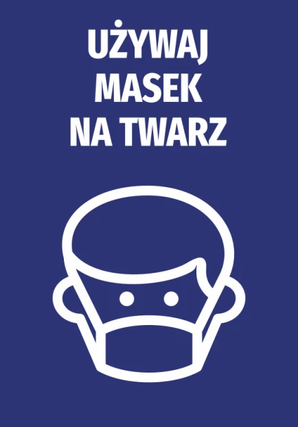 Naklejka Używaj masek na twarz - Wzór graficzny. Na niebieskim tle znajduje się biały rysunek osoby w masce