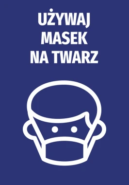 Naklejka Używaj masek na twarz - Wzór graficzny. Na niebieskim tle znajduje się biały rysunek osoby w masce