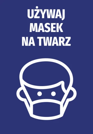 Naklejka Używaj masek na twarz - Wzór graficzny. Na niebieskim tle znajduje się biały rysunek osoby w masce