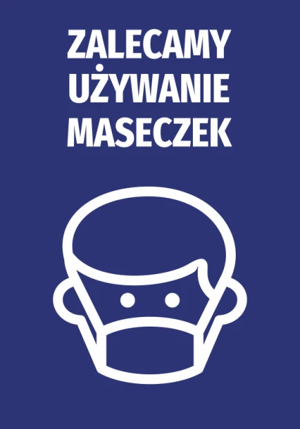 Niebieska naklejka BHP do biur i sklepów z piktogramem głowy w maseczce i napisem Zalecamy używanie maseczek