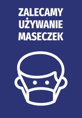 Naklejka Zalecamy używanie maseczek - Wzór graficzny. Biała postać z maseczką na niebieskim tle