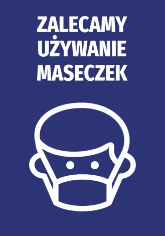 Naklejka Zalecamy używanie maseczek - Wzór graficzny. Biała postać z maseczką na niebieskim tle