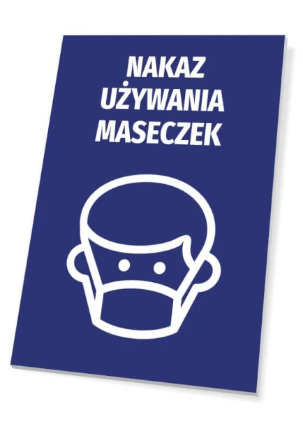 Tabliczka Nakaz używania maseczek - Wzór graficzny. Niebieskie tło z białym piktogramem twarzy w maseczce