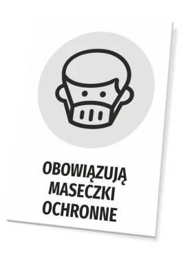 Tabliczka Obowiązują maseczki ochronne - Wzór graficzny. Grafika przedstawia postać z maseczką na twarzy w okręgu